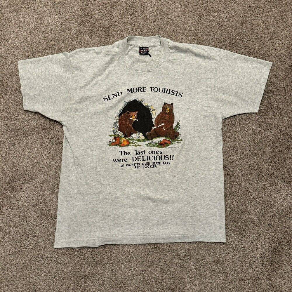 Vintage 80s Funny Graphic Print Comical Shirt Send More Tourists Bears Size XL
